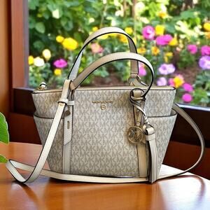 Michael Kors Ciara Medium Messenger Bag Vanilla Logo Print Gold Hardware Tassel